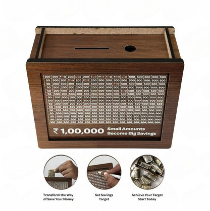 Wooden Money Saving Box for Adults – 1 Lakh Piggy Bank with Lock,